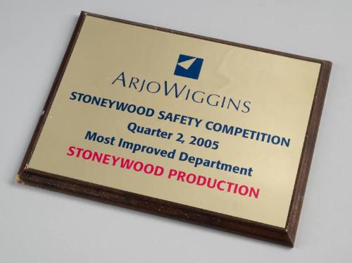 "Stoneywood Safety Competition Q2 2005 Most Improved Department Stoneywood Production" Plaque