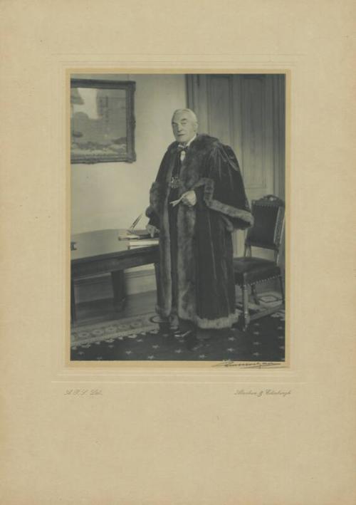 Framed photograph of Lord Provost William Reid OBE JP in official provostal robes