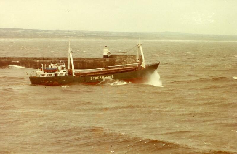 Colour Photograph Showing A Streamline Cargo Vessel Leaving Aberdeen Harbour