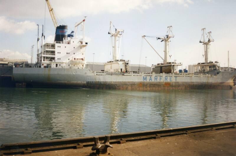 Colour Photograph Showing Large Marfret Cargo Vessel In Aberdeen Harbour, Starboard View