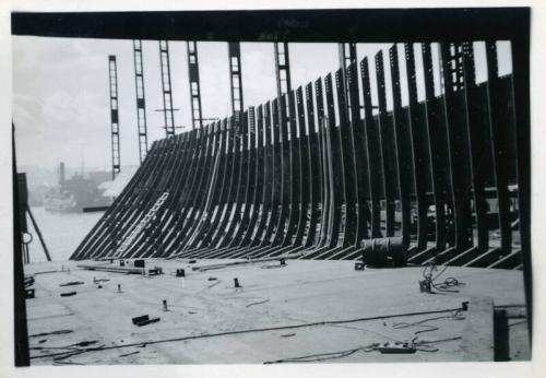 black and white photograph of steam collier Ajasa under construction