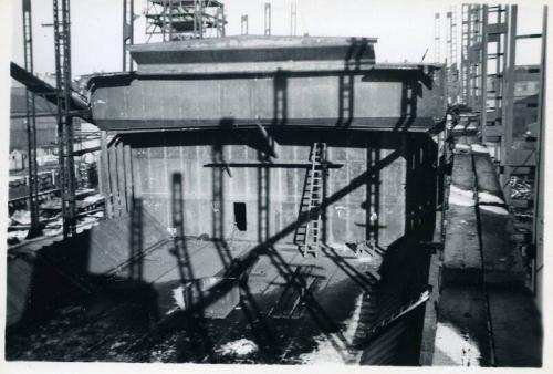 black and white photograph of steam collier Ajasa under construction