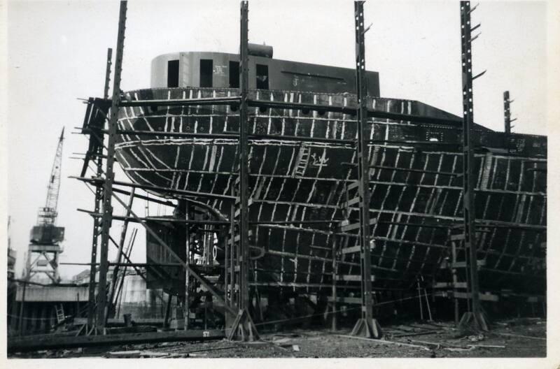 black and white photograph of cargo steamers Hero and Hydra under construction