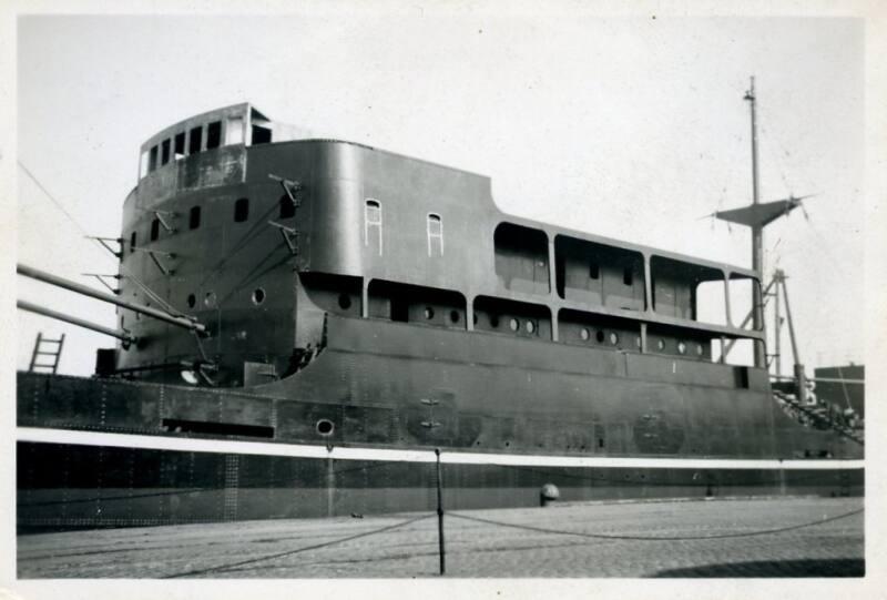 black and white photograph of cargo steamers Hero and Hydra under construction