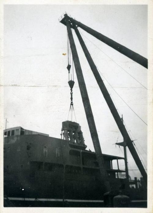 black and white photograph of cargo steamers Hero and Hydra under construction