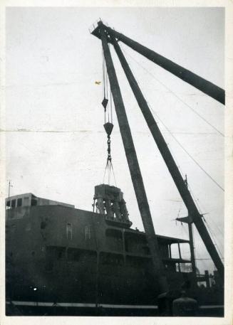 black and white photograph of cargo steamers Hero and Hydra under construction