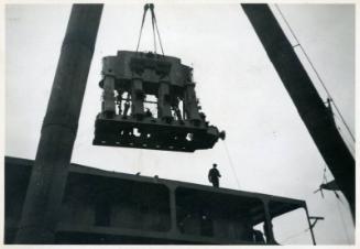 black and white photograph of cargo steamers Hero and Hydra under construction