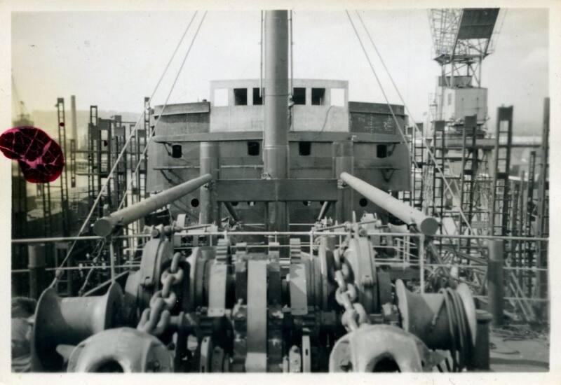 black and white photograph of cargo steamers Hero and Hydra under construction