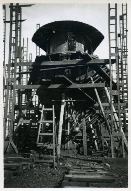 black and white photograph of diesel trawler Cape St Mary under construction