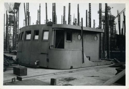 black and white photograph of diesel trawler Cape St Mary under construction