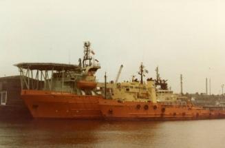 Colour Photograph Showing Dive Support vessel 'Ugland Comex 1' and supply vessel 'Sea Garnet' In Aberdeen Harbour