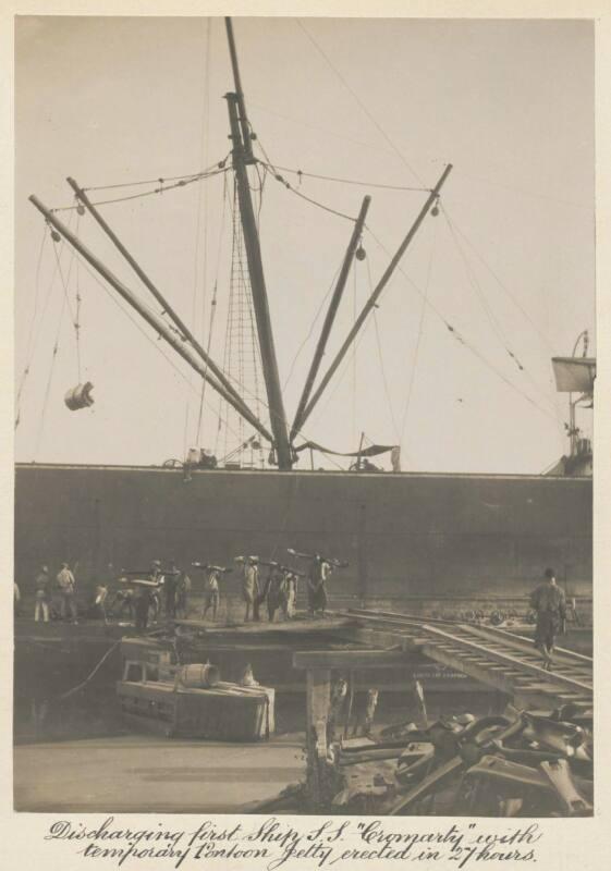 Discharging first ship S.S. "Cromarty" with temporary Pontoon Jetty erected in 27 hours