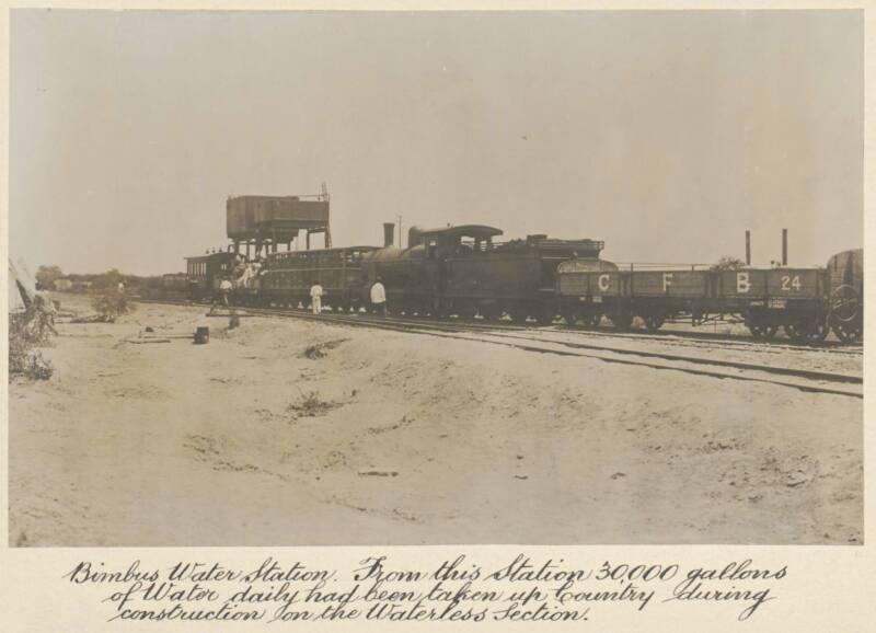 Bimbus Water Station. From this Station 30,000 gallons of Water daily had been taken up Country during construction on the Waterless Section.