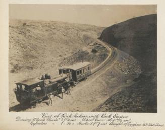 View of Rack section with Rack engine. Driving wheels Diam 3ft 4 in, Wheel base 14ft 2 ½ in, Cylinders 1"5"¼, Stroke 1ft 1 in, Weight of Engine 43,340 tons