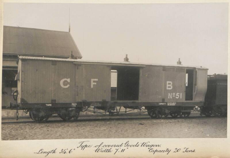 Type of covered Goods Wagon. Length 34' 6",  Width 7'11", Capacity 20 tons