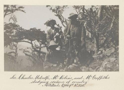 Sir Charles Metcalfe, Mr Robins and Mr Griffiths studying contour of Country. Altitude 6700 ft K.320