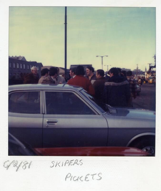 Colour Photograph Showing Skippers Picketing At Aberdeen Harbour During Strike