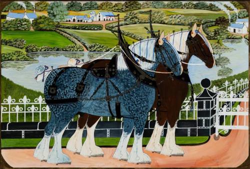 Two Heavy Horses, Harnessed and Ready, Standing by a Fence Overlooking a Loch with Cottages Beyond