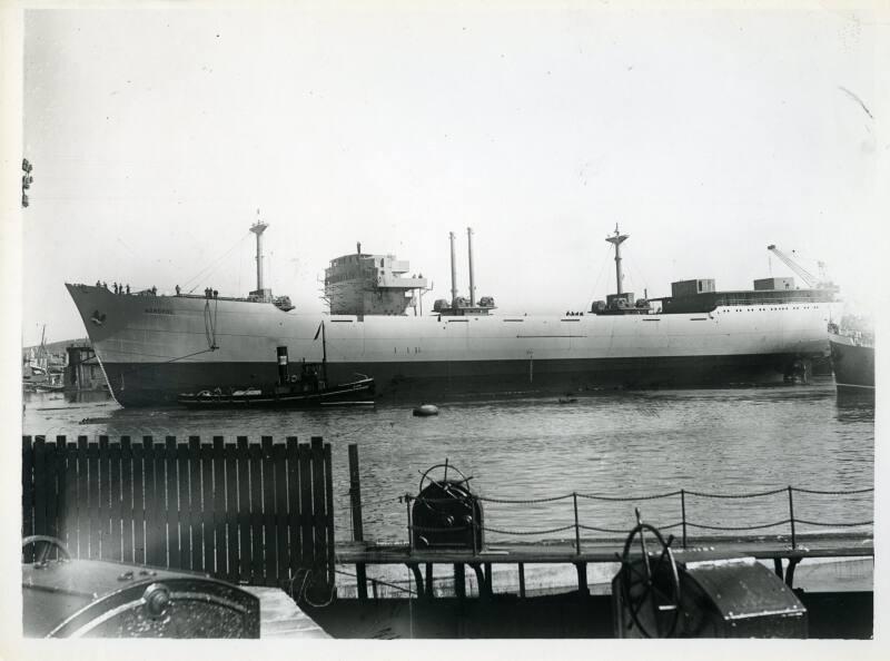 Black and white photograph showing view of port side of 'nordpol' in harbour after launching