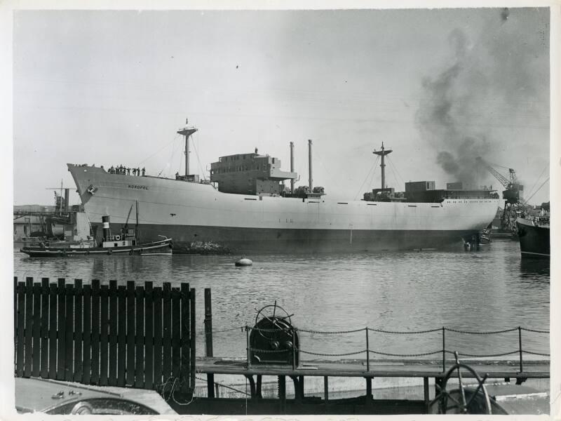 Black and white photograph showing view of port side of 'nordpol' in harbour after launching