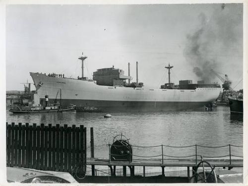 Black and white photograph showing view of port side of 'nordpol' in harbour after launching