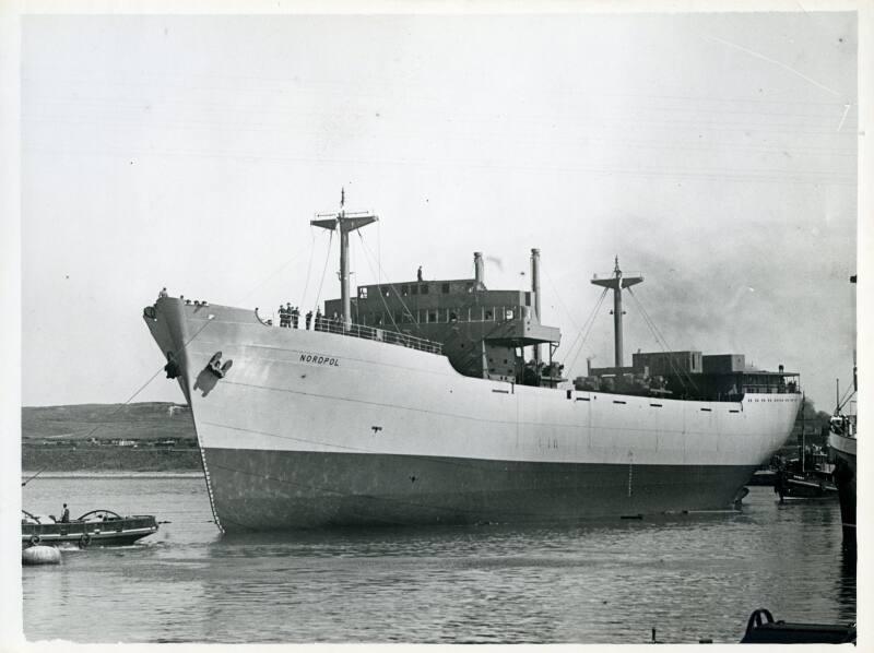 Black and white photograph showing view of port side of 'nordpol' in harbour after launching