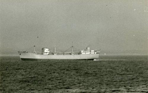 Black and white photograph showing view of port side of 'nordpol' at sea (rather blurred and distant)