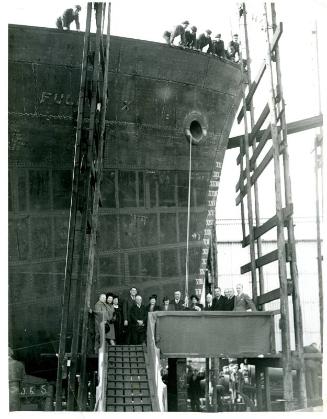 Black and white photograph showing guests at launch of 'fulham x'