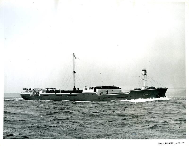 Black and white photograph showing view of starboard side of 'fulham x' at sea