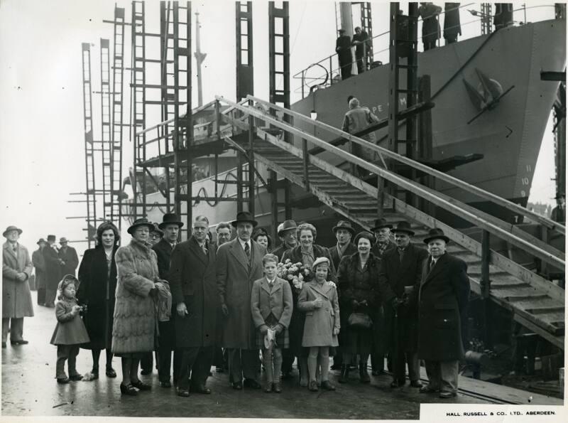 Black and white photograph Showing The Launch Party Guests For Diesel Research Trawler 'cape St Mary'