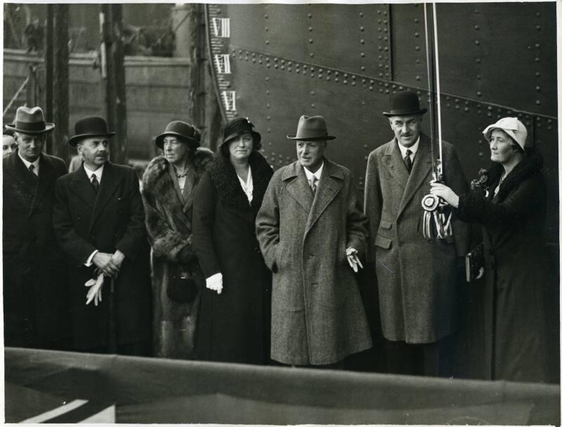 Black and white photograph showing guests at launch of 'spray'