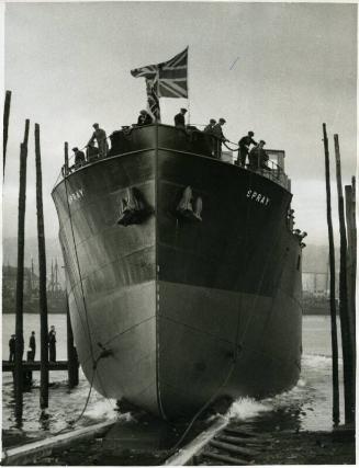 Black and white photograph showing launch of 'spray'