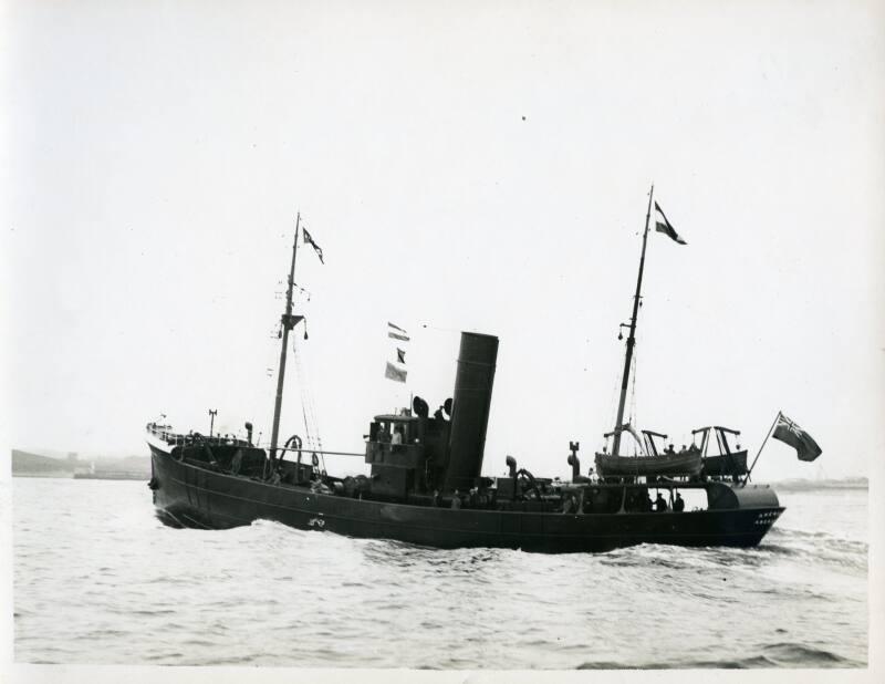 Black and white photograph showing view of port side of  Anemone at sea