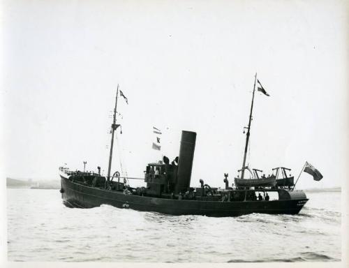 Black and white photograph showing view of port side of  Anemone at sea