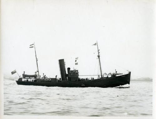 Black and white photograph showing view of starboard side of Anemone at sea