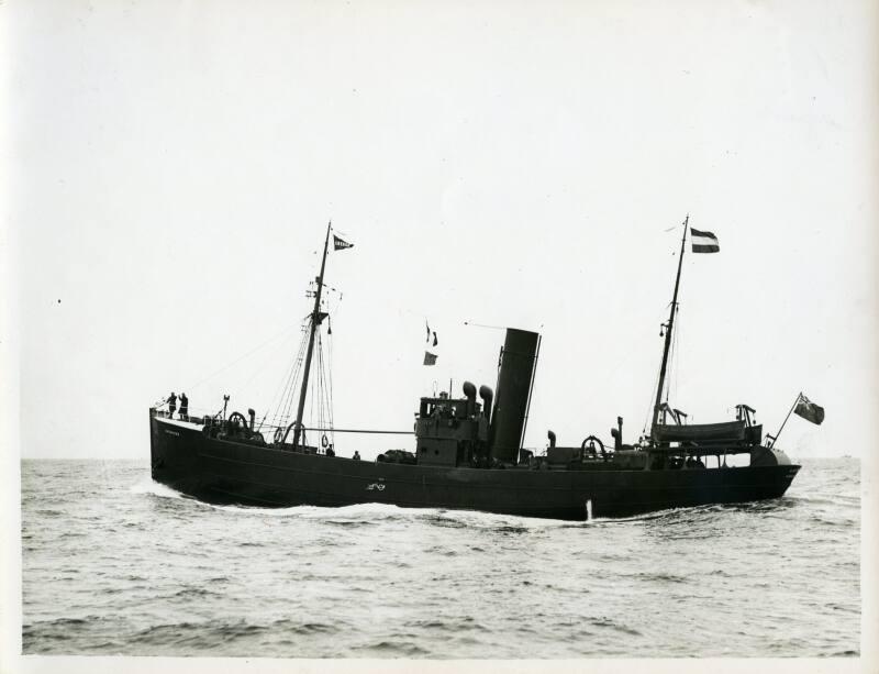 Black and white photograph showing view of port side of  Anemone at sea