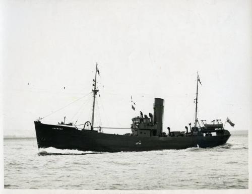 Black and white photograph showing view of port side of  Anemone at sea