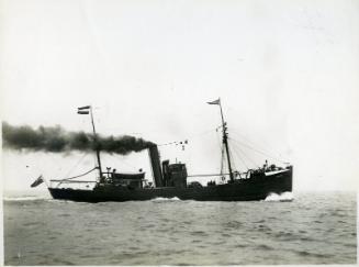 Black and white photograph showing view of starboard side of 'aristea' at sea