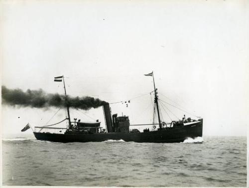 Black and white photograph showing view of starboard side of 'aristea' at sea