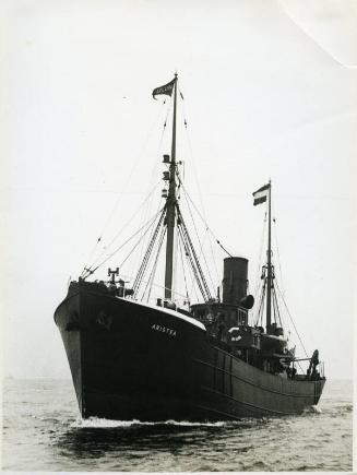 Black and white photograph showing view of port bow of 'aristea'