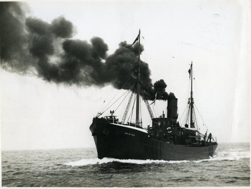 Black and white photograph showing view of port side of Aristea