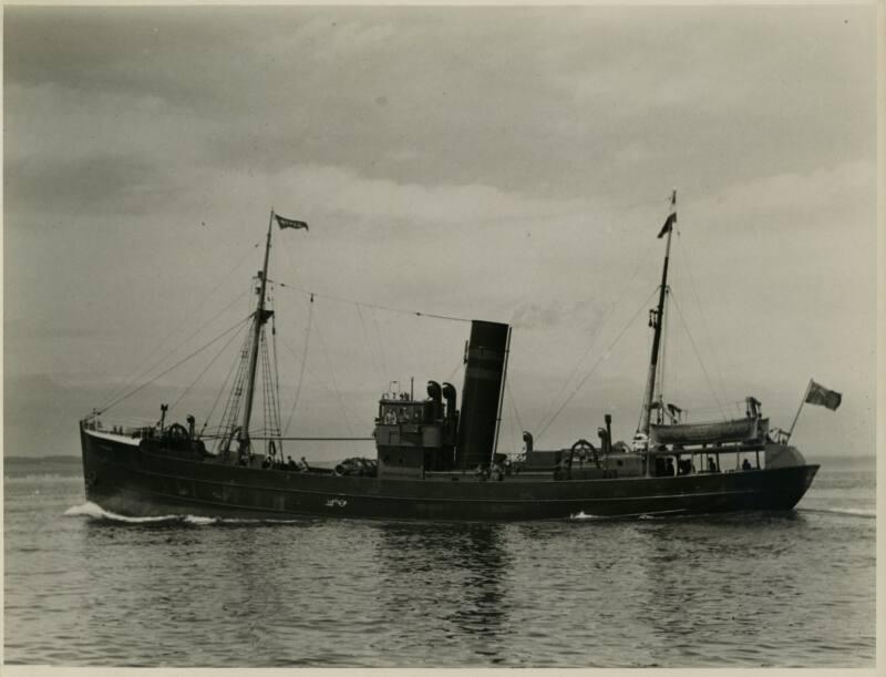 Black and white photograph showing view of port side of Morea at sea, Built By Hall Russell In 1936