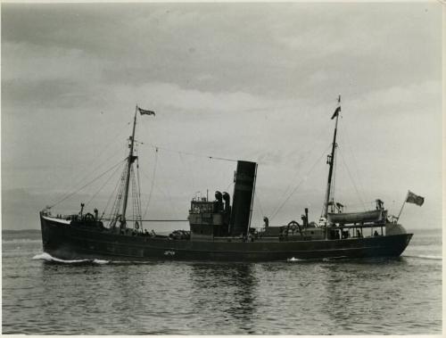 Black and white photograph showing view of port side of Morea at sea, Built By Hall Russell In 1936