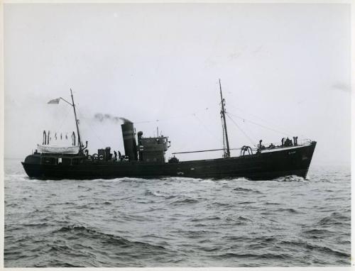 Black and white photograph showing view of starboard side of  Gilia