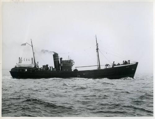 Black and white photograph showing view of starboard side of  Gilia