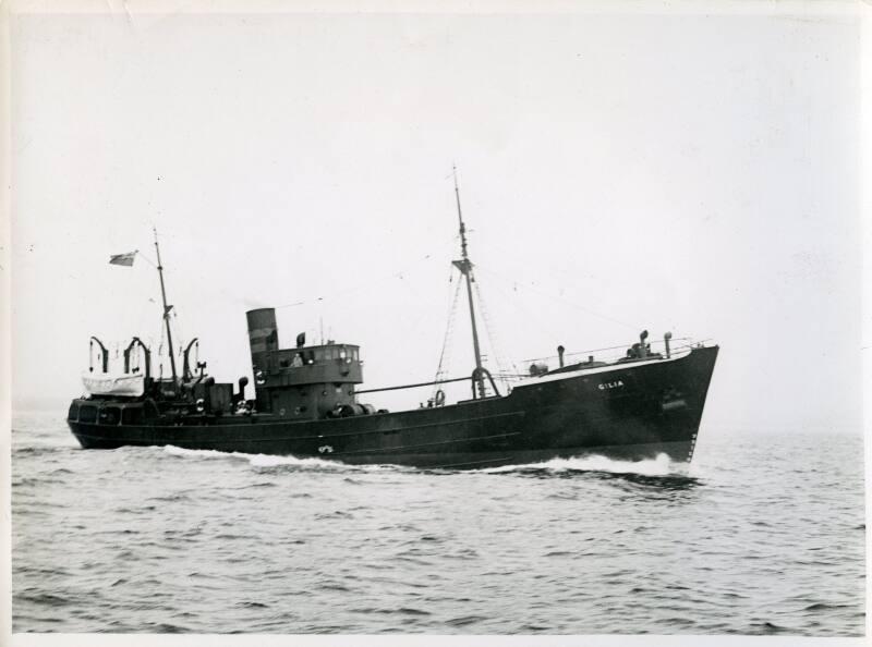 Black and white photograph showing view of starboard side of  Gilia