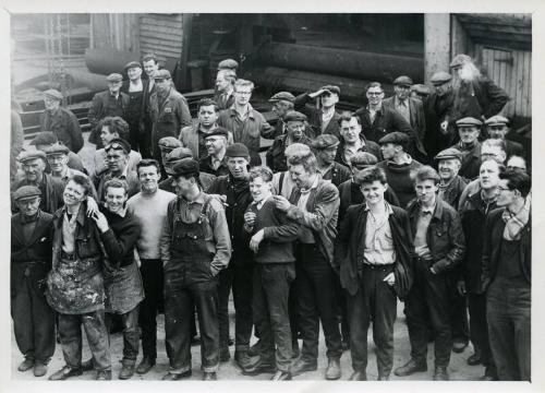 Photograph showing shipyard staff at the launch of the trawler Mount Melleray