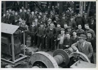 Photograph showing shipyard staff at the launch of the trawler Captain Riou