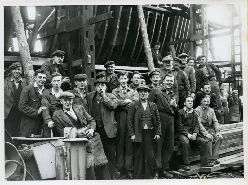 Photograph showing shipyard staff at the launch of the trawler Barbara Paton