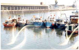 Colour Photograph Showing Small Fishing Vessels Tied Up In Aberdeen Harbour